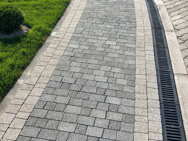 Perspectief Uitzicht Monotone Gray Brick Stone Grond Voor Street Road — Stockfoto