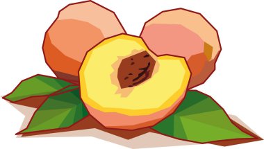 Şeftali, geometrik şekilleri düz renklerle renklendirilmiş vektörlerle çizilmiş. Düz ve geometrik renk alanları ile meyve vektör çizimi.