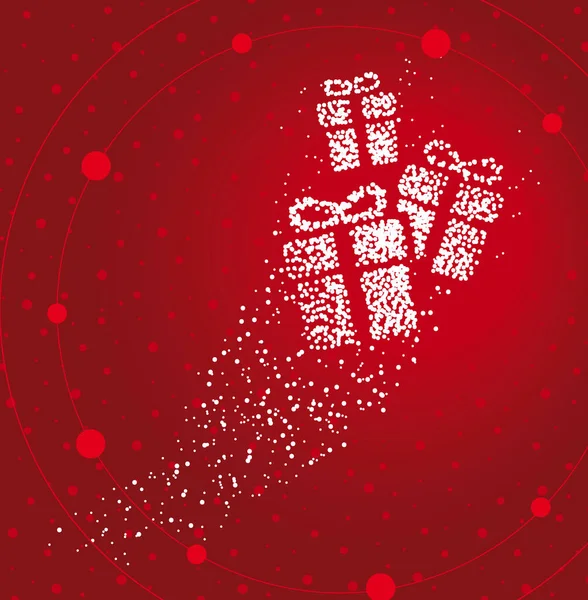 Kırmızı zemin üzerinde uçan noktaların sihirli bir izi tarafından oluşturulan hediye kutuları