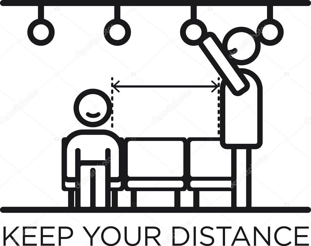 Be safe. Keep the distance when you are near to another one on the busVector icons on social distancing and personal safety against pandemic