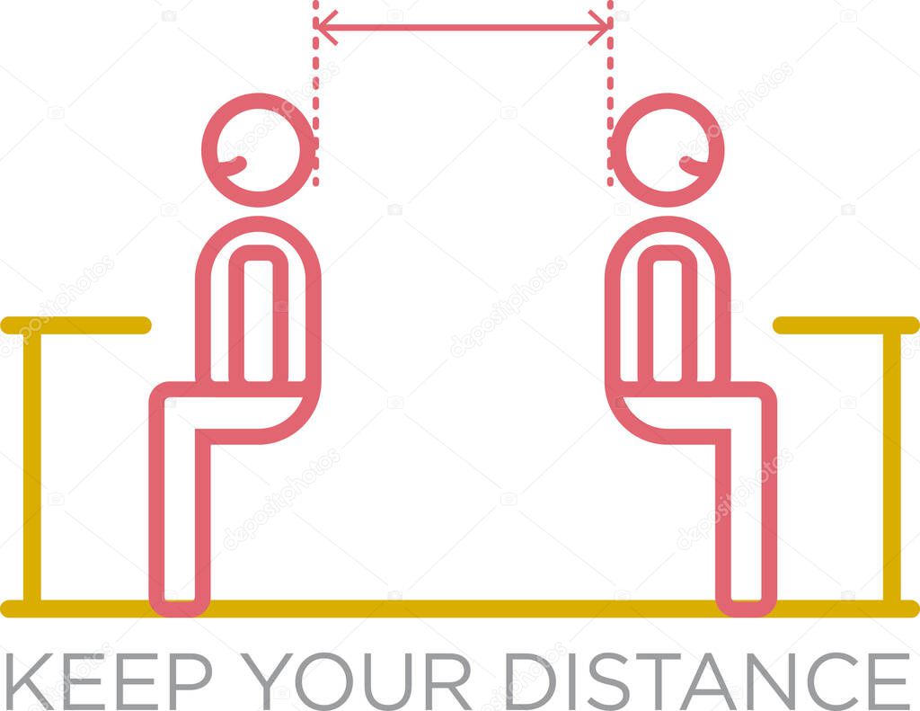 Be safe. Keep the distance when you are near to another one at the restaurant. Vector icons on social distancing and personal safety against pandemic