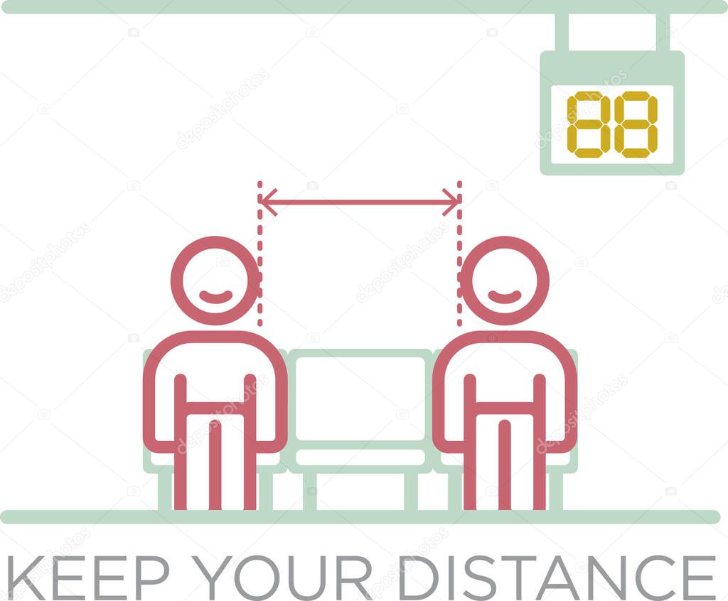 Be safe. Keep the distance when you are waiting your turn near to another one. Vector icons on social distancing and personal safety against pandemic