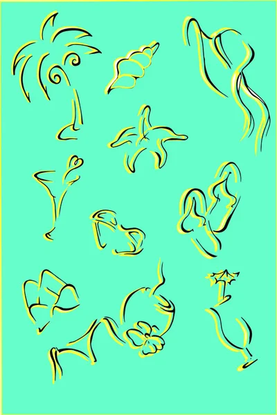Set Summer Holidays Sea Travel Illustration Image Starfish Hat Swimsuit — Stock Photo, Image