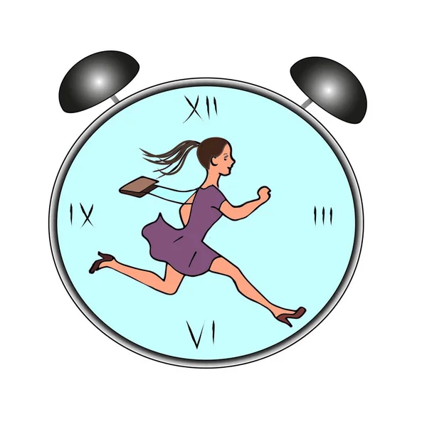 Дівчина в будильнику. жінка біжить пізно. символ проходження часу. Векторна ілюстрація ізольована біла . — стоковий вектор