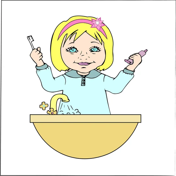 Ragazza che si lava i denti. colorare i bambini. sane abitudini giuste per il bambino. illustrazione vettoriale isolato bianco — Vettoriale Stock