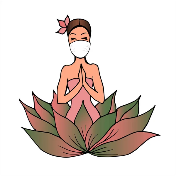 Fata care stă în floarea de lotus. simbol logo pentru spa și masaj. ilustrație vectorială alb izolat — Vector de stoc