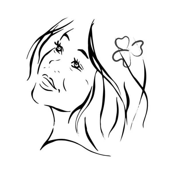 Desenhar uma cabeça de meninas com linhas de contorno. Mulher asiática com uma flor no cabelo. logotipo de uma beleza de mulher Spa.vector . — Vetor de Stock