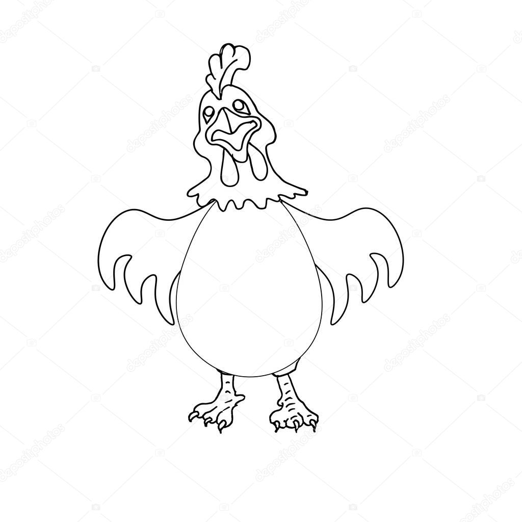 image of a funny chicken and rooster in contour lines.vector illustration isolated white background.children coloring.