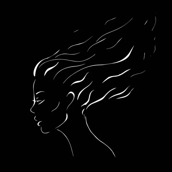 Perfil de una chica con líneas de contorno. mujer con el pelo fluido. logo del salón de belleza. ilustración vectorial negro aislado — Vector de stock