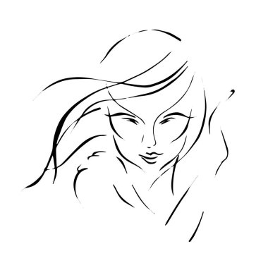 Kız yüzünü kapatıyor. Kadın kendini savunuyor. Dalgalı saçlı Asyalı bir kadın. vektör linart çiziyor. izole edilmiş beyaz
