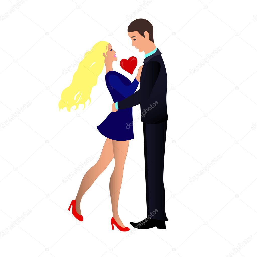 a man and a girl look at each other. vector illustration of isolated people on a white background. a couple of lovers embrace. dance. Valentines day card, red heart