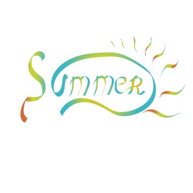 Bir logonun yakın çekimi. Zarif harflerle yazılmış mavi turuncu bir yaz. Beyaz arka planda izole edilmiş kelimenin vektör çizimi. Seyahat için güneş turist kartı.