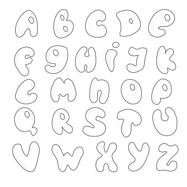 Alph. Kelimeler yazmak için yuvarlak yazı tipi. beyaz arkaplanda izole edilmiş eğlenceli parlak çizgi film vektör çizimi