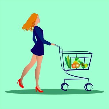 Mağaza alışverişinde ince bir kız. sağlıklı sebzeler ve meyveler. Vejetaryen yemeği. Süpermarkette el arabası olan bir kadının vektör çizimi.