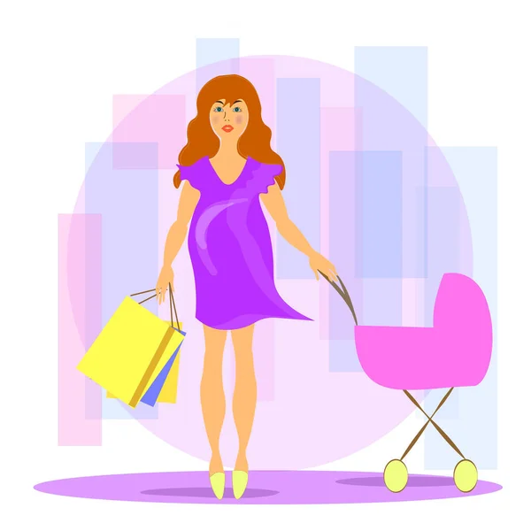 Έγκυος κορίτσι αγοράζει πράγματα και καροτσάκι για το μέλλον μωρό. Ημέρα των μαμάδων. ρούχα για ένα νεογέννητο. διανυσματική απεικόνιση σε ένα λεπτό ροζ λιλά κίτρινο — Διανυσματικό Αρχείο
