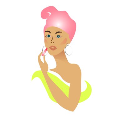 Kız dudaklarını boyuyor. Makyaj. Güzel, bakımlı bir kadının vektör görüntüsü. Güzellik merkezleri ve masaj salonu için logo postalı. Hassas pastel sarı pembe renk 