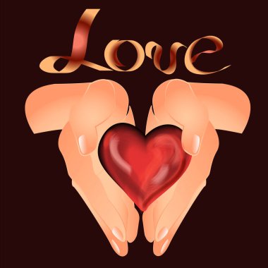 heart in the palms. vector illustration of hands on a dark background. lettering the words love. Valentines Day card. clipart