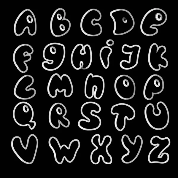 Letras del alfabeto en blanco. fuente redondeada para escribir palabras. Divertida ilustración vectorial de dibujos animados aislada sobre fondo negro — Vector de stock