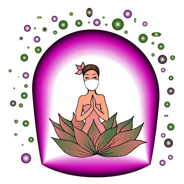 Om într-un balon transparent de sticlă. Microbii nu intră. izolare în coronovirus.. fata care stă în floarea de lotus. simbol logo pentru spa și masaj. ilustrație vectorială fundal alb izolat — Vector de stoc