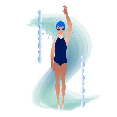 Havuzda bir yüzücü. Kadın suya atlıyor. Kız sporla meşgul. kontur çizgilerinin vektör çizimi. 