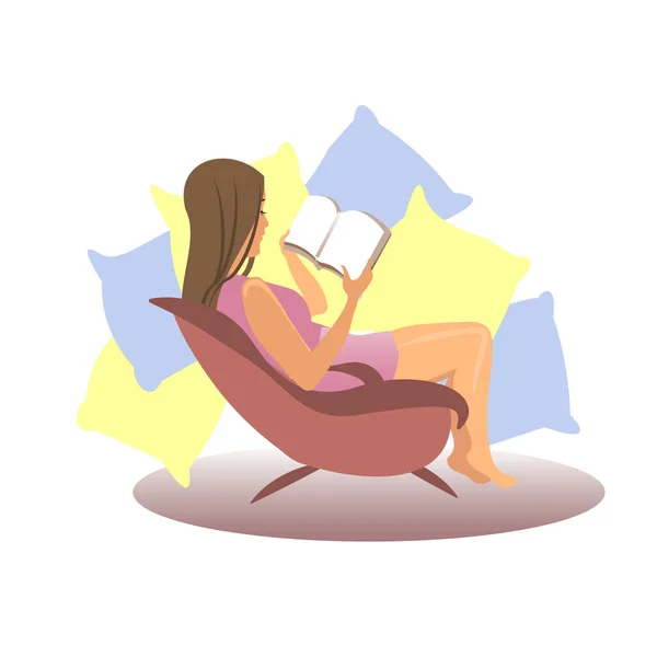 A menina está sentada em casa no sofá. A WOMAN lê um livro. Mocap. espaço vazio. Muitas almofadas. ILUSTRAÇÃO DO VECTOR ISOLADA EM UM BACKGROUND BRANCO . —  Vetores de Stock
