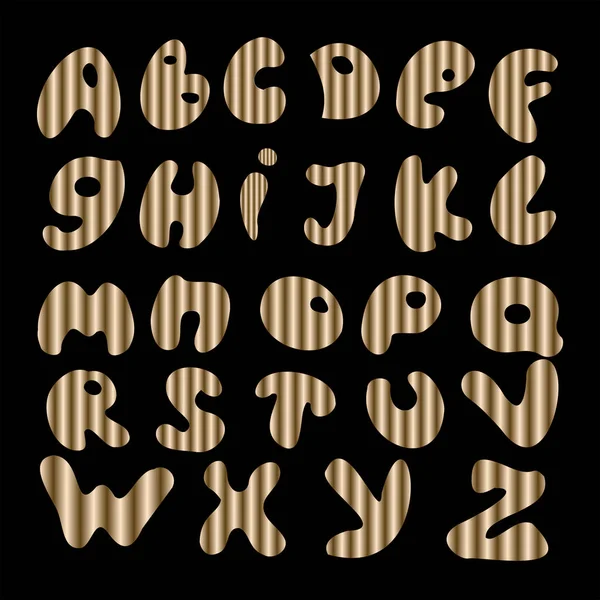 Ριγέ καφέ και χρυσά γράμματα διαβάθμισης. τρισδιάστατο καλλιτεχνικό αλφάβητο. στρογγυλεμένη γραμματοσειρά για τη γραφή λέξεων. διασκεδαστικό εικονογράφηση διάνυσμα κινουμένων σχεδίων απομονώνονται σε μαύρο φόντο — Διανυσματικό Αρχείο