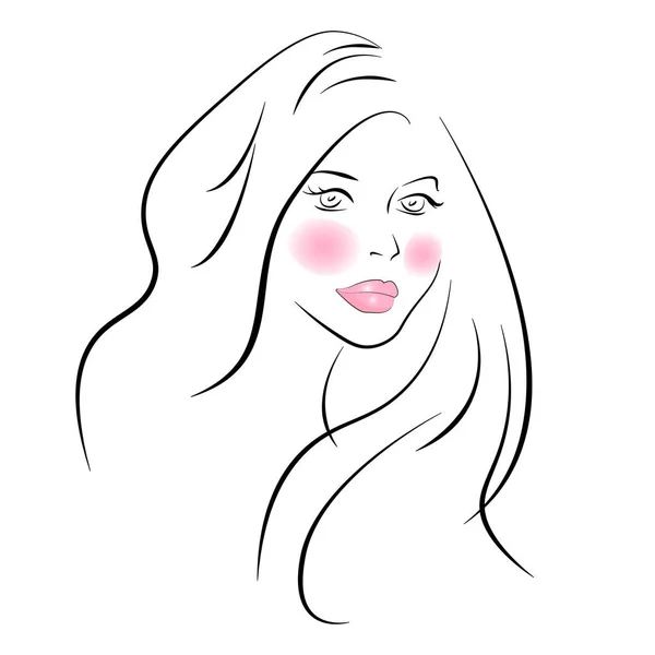 Perfil de una chica contorno dibujo lineal. logo salón de belleza. ilustración vectorial fondo blanco aislado. espacio vacío para el texto. letras de las palabras belleza . — Vector de stock