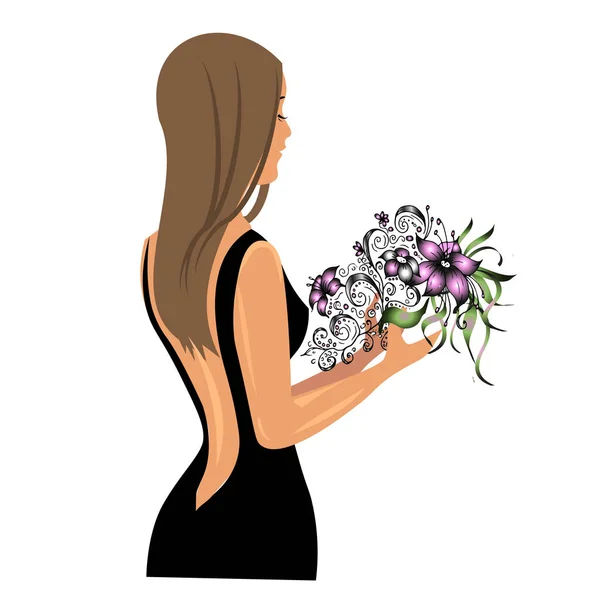 Een meisje in een zwarte elegante jurk. De vrouw heeft haar rug naar me toe. Een dame houdt een boeket bloemen vast. vectorillustratie op een witte achtergrond. ansichtkaart voor een bloemenwinkel. — Stockvector