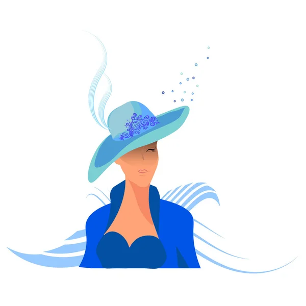 Uma rapariga num elegante fato azul. uma mulher em um hat.vector emplumado ilustração sobre um fundo branco. uma senhora magra da alta sociedade. logo de um salão de beleza. anúncios para roupas clássicas elegantes —  Vetores de Stock