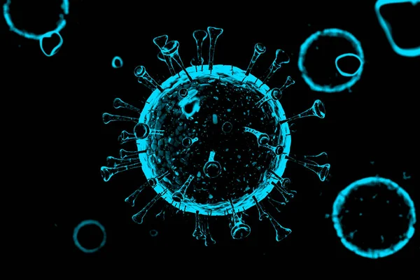 Coronavirus COVID-19 'un detaylı 3D modeli. Siyah arka planda parlıyor. Mikroskop altında bak. 3 Boyutlu Hazırlama