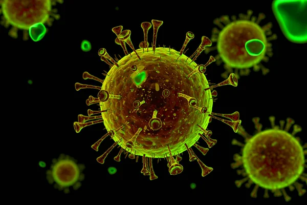Coronavirus COVID-19 'un detaylı 3D modeli, siyah arka planda parlayan zehirli yeşil. Mikroskop altında bak. 3 Boyutlu Hazırlama
