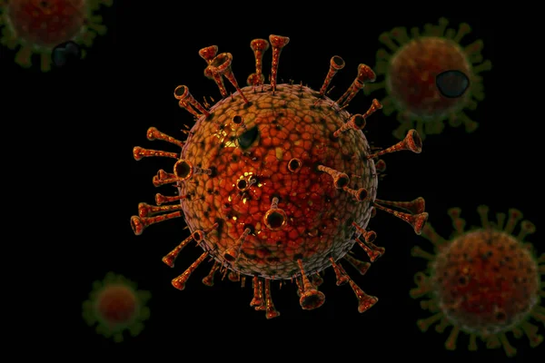 Coronavirus COVID-19 'un detaylı 3D modeli. Siyah arka planda ıslak, parlak, kırmızımsı turuncu. Mikroskop altında bak. 3 Boyutlu Hazırlama