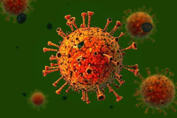 Coronavirus COVID-19 'un detaylı 3D modeli. Yeşil arka planda ıslak, parlak, kırmızımsı turuncu. Mikroskop altında bak. 3 Boyutlu Hazırlama