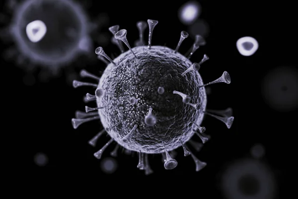 Coronavirus COVID-19 'un detaylı 3D modeli. Siyah arka planda parlıyor. Mikroskop altında bak. 3 Boyutlu Hazırlama