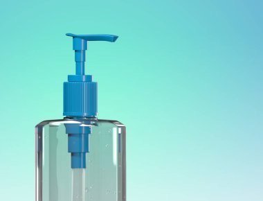 Şeffaf plastikten yapılmış, parlak ışıklar ve mavi bir şeker kutusuyla hava kabarcıkları açık mavi bir gradyan arkaplanda görülebilir. Tıbbi denekler için şablon. 3d hazırlayıcı