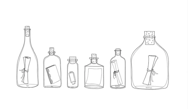 Flaschenpost in einem handgezeichneten Vektor Set Line Art Illustration — Stockvektor