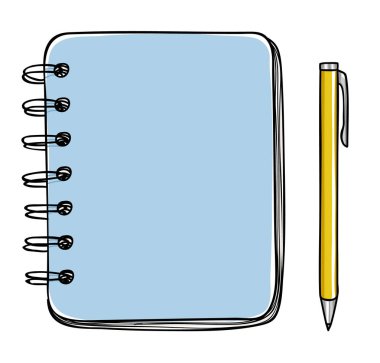 el çekilmiş sanat illüstrasyon mavi defter ve kalem vektör