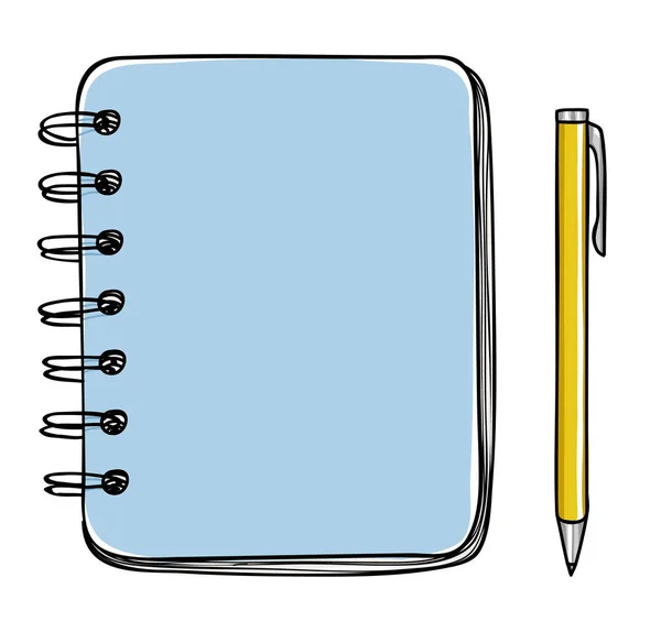 Μπλε σημειωματάριο και στυλό διάνυσμα χέρι που τέχνη εικόνα — Διανυσματικό Αρχείο