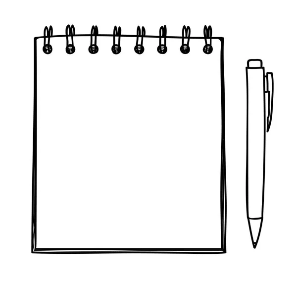 Illustrazione disegnata a mano del quaderno bianco e del vettore della penna — Vettoriale Stock