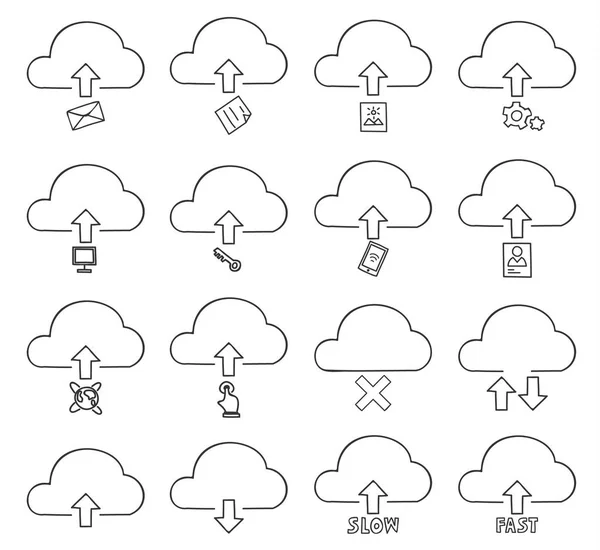 Nube delgada icono conjunto mano dibujado vector línea arte ilustración — Vector de stock