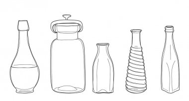 Şişe ve kavanozlar vintage vektör elle çizilmiş hat sanat illustra ayarla