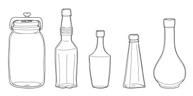 Kavanozlar ve şişeler vintage vektör set çizilmiş çizgiyi sanat illustr el