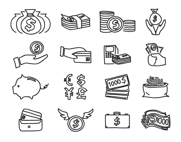 Dinheiro ícone vetor definido mão desenhada linha arte ilustração —  Vetores de Stock