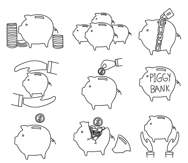 Piggy bank pictogrammenset hand getrokken vectorillustratie plat ontwerp — Stockvector