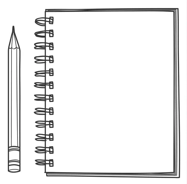 Quaderno e matita disegnato a mano linea vettoriale arte illustrazione — Vettoriale Stock