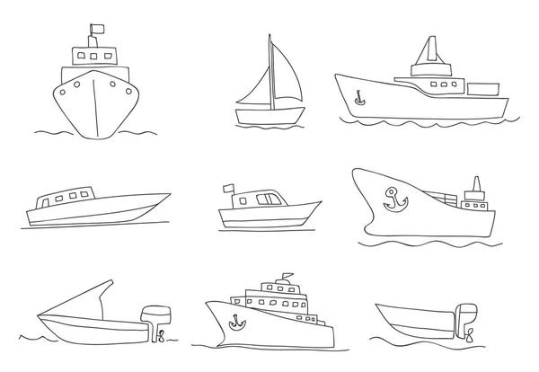 Schiffe und Boote dünne Linie Symbole handgezeichnet Vektor Set Kunst illust — Stockvektor