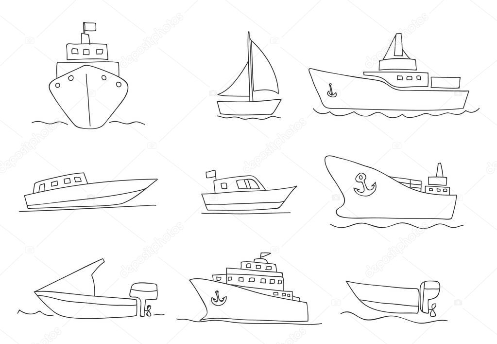 ships and boats thin line icons hand drawn vector set art illust