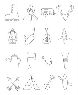 simge kamp ince çizgi elle çizilmiş vektör sanat illüstrasyon ayarla