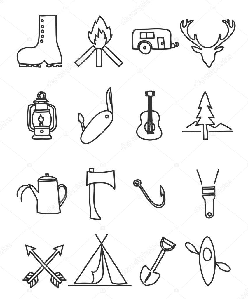 icon camping hand drawn vector set art illustration