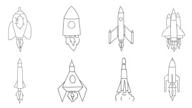 simge uzay aracı roket ince çizgi el çizilmiş vektör sanat illus ayarla